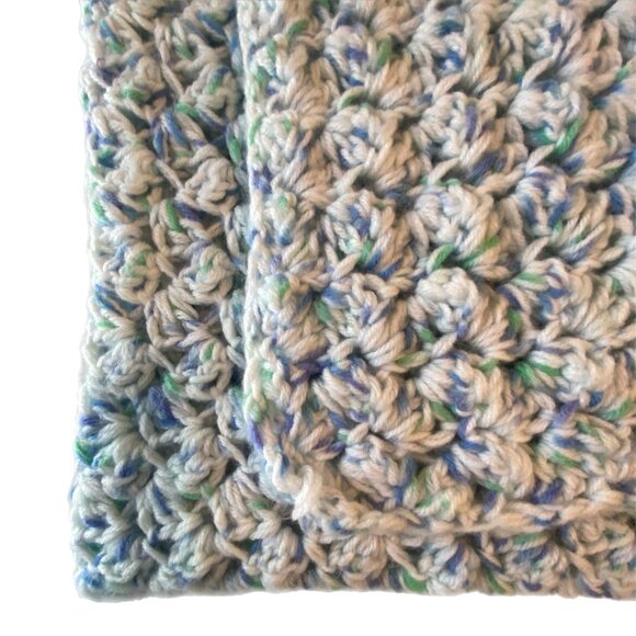 Hand Crocheted Afghan Throw Lap Blanket Blue/White (with Specks of Green) - Picture 3 of 5